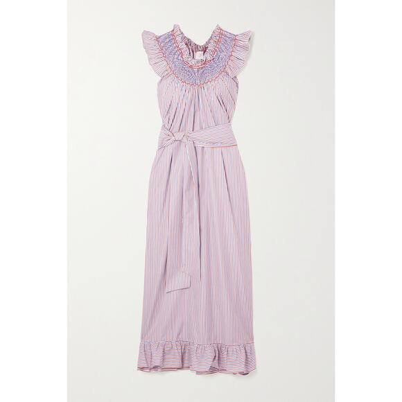 Loretta Caponi 'Delfina' Blue Cotton Belted Ruffled Smocked Striped - Picture 1 of 5